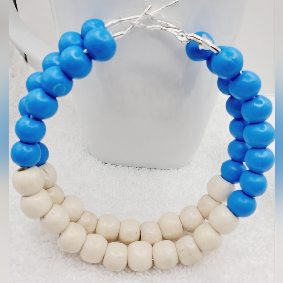 Large hoop earrings, large wooden bead earrings, earrings with blue and white3.0 - Picture 7 of 9